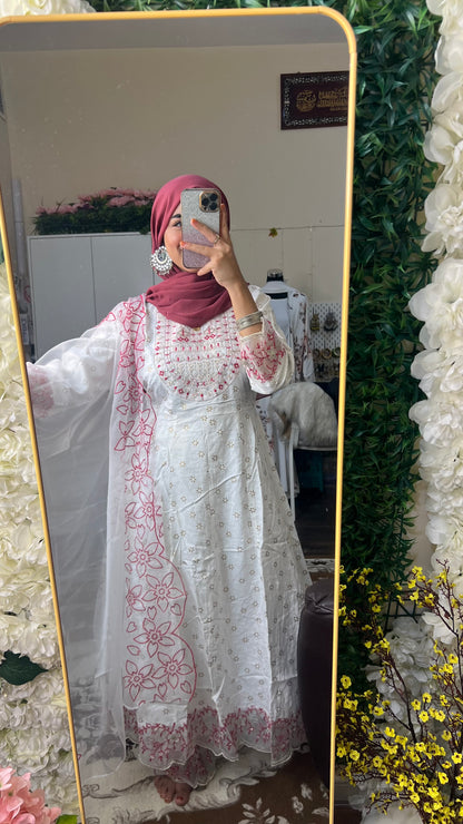 White Anarkali Cotton Set