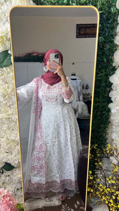 White Anarkali Cotton Set